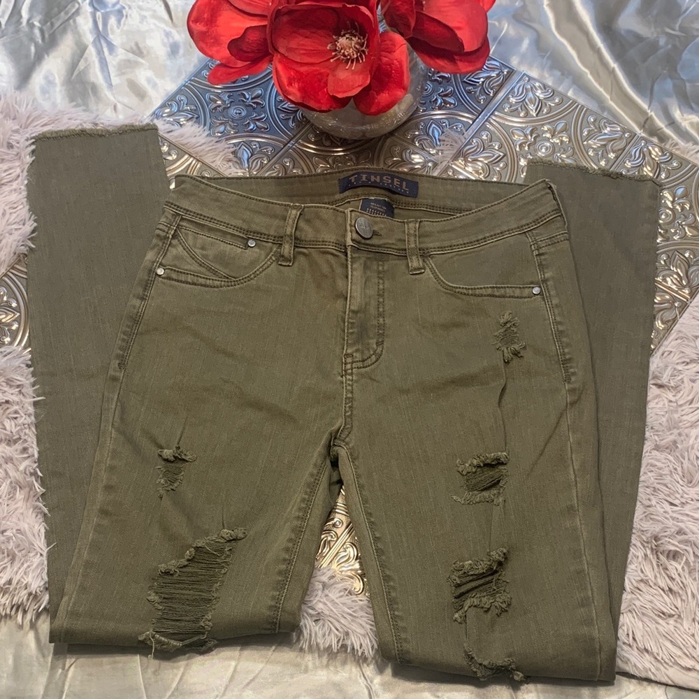 🌹VINTAGE Tinsel DENIM COUTURE • Olive Green Distressed Skinny Jeans Raw Hem •
